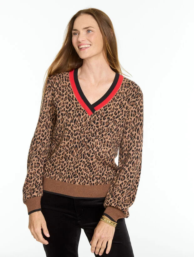 Jacquard V-Neck Pullover - Tipped Leopard | Talbots