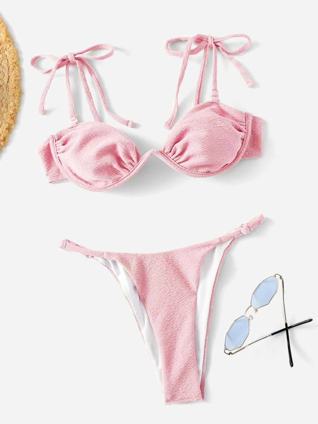 Textured Ruched Bust Tie Shoulder Underwire Bikini Swimsuit | SHEIN