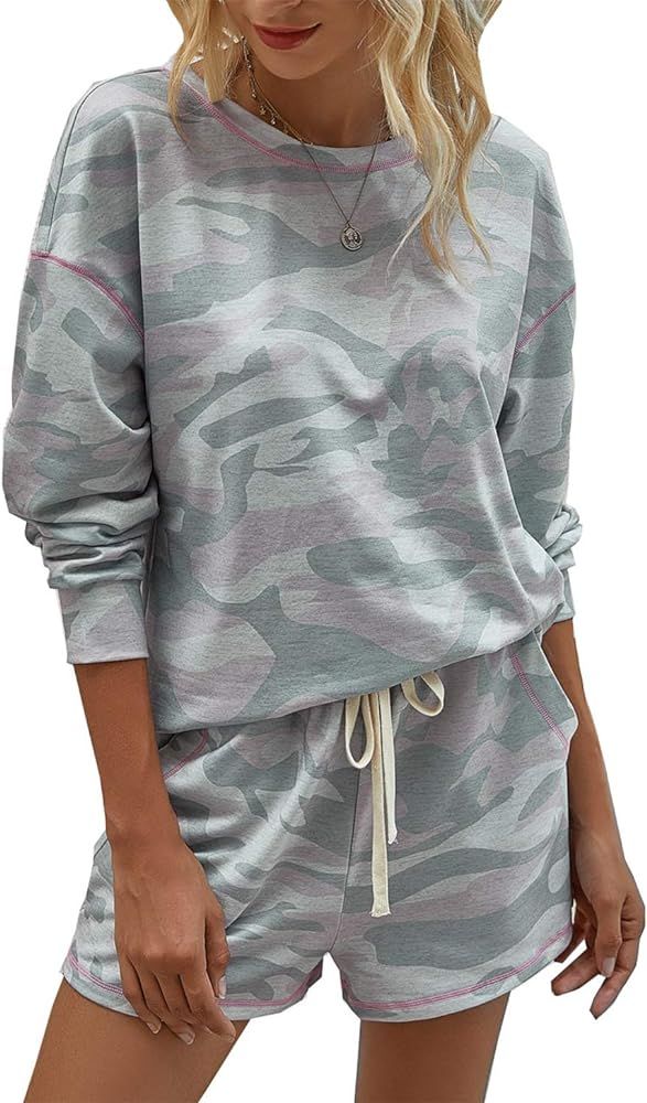 BTFBM Women Tie Dye Camouflage Leopard Print Long Sleeve Crewneck Shirts Drawstring Pockets Short... | Amazon (US)