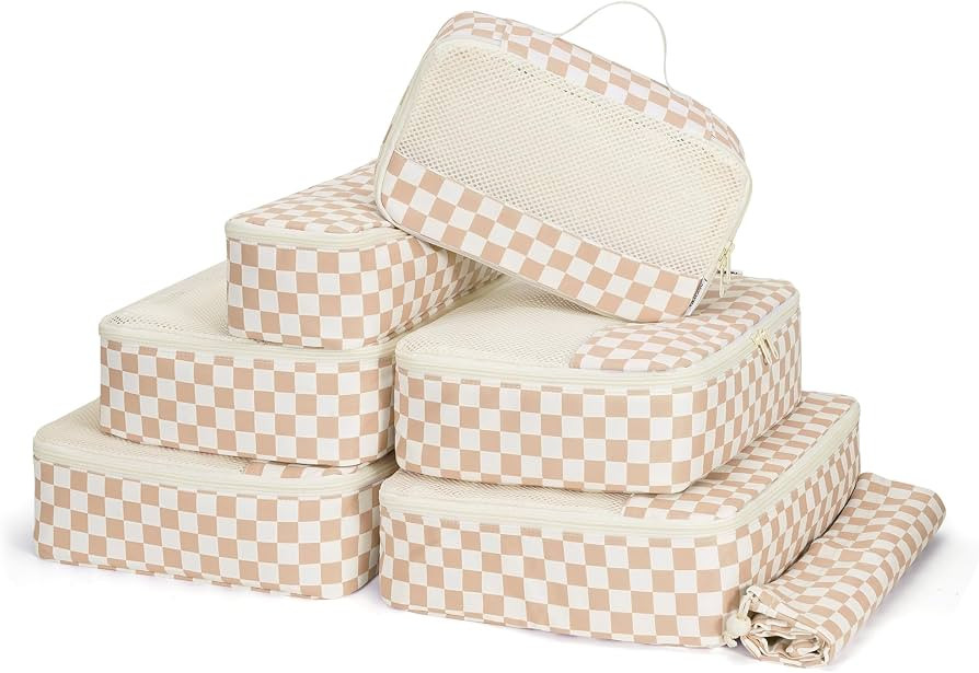 Narwey 7 Set Checkered Packing Cubes for Travel Carry on Suitcase Luggage Organizer Bags for Kids... | Amazon (US)