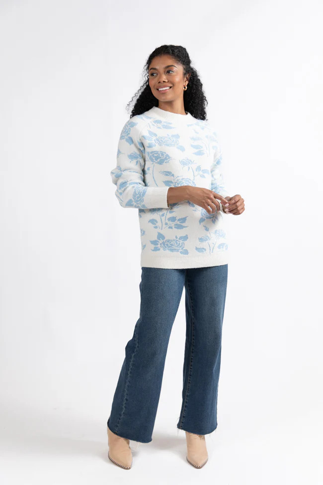 Feeling Like Love Ivory and Blue Floral Crew Neck Sweater FINAL SALE | Pink Lily