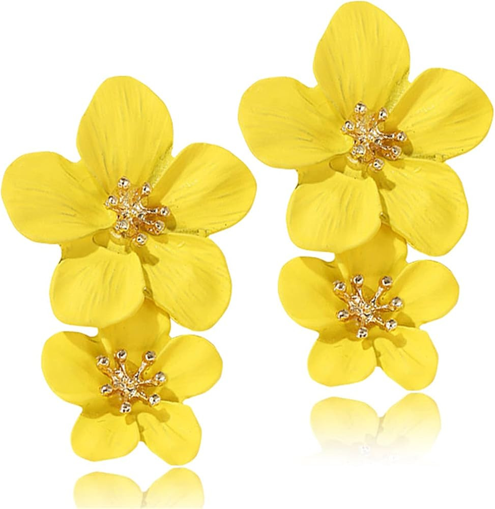ANDPAI Unique Handmade Bohemian Large Matte Double Yellow Flower Dangle Drop Earrings White Metal... | Amazon (US)