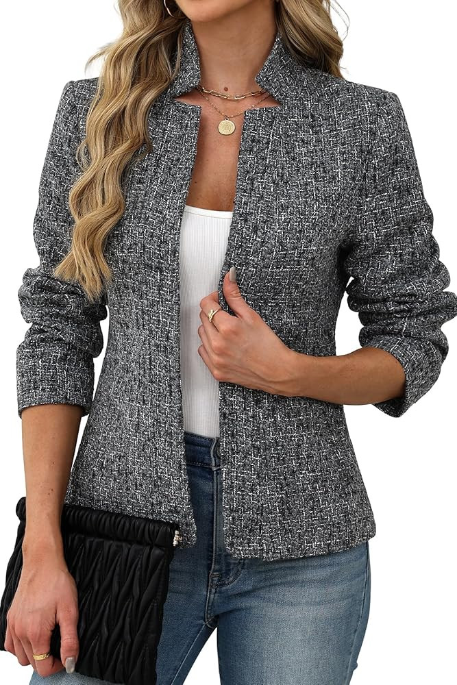 ELLEVEN Womens' Tweed Open Front Blazer Long Sleeve Jacket Notch Collar Fully Lined Casual Busine... | Amazon (US)