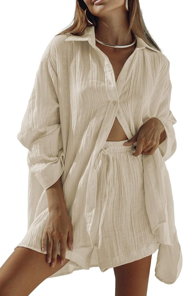 Linsery 2 Piece Summer Outfits Button Down Shirt Top and Shorts Casual Lounge Sets | Amazon (US)
