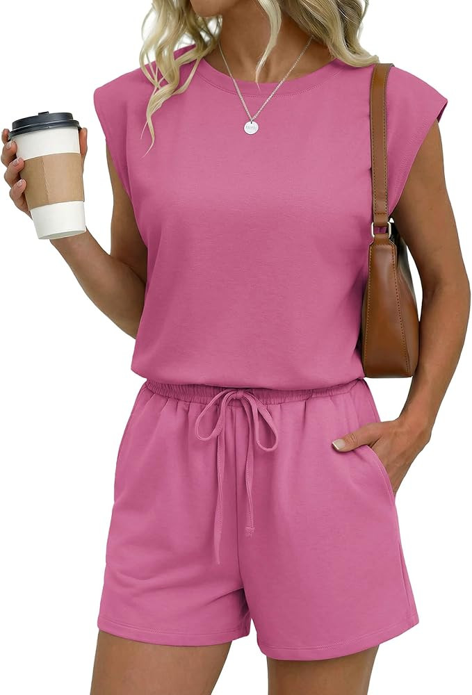 Ekouaer Women's Romper with Pockets Summer Short Jumpsuit Casual Cap Sleeve Drawstring One Piece ... | Amazon (US)