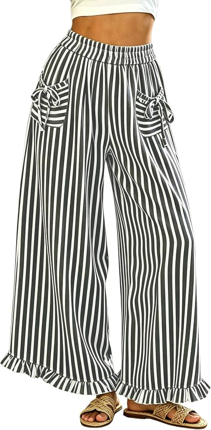 Himosyber Women's Striped Wide Leg Pants Casual Loose Palazzo Trousers | High rise elastic waist,... | Amazon (US)