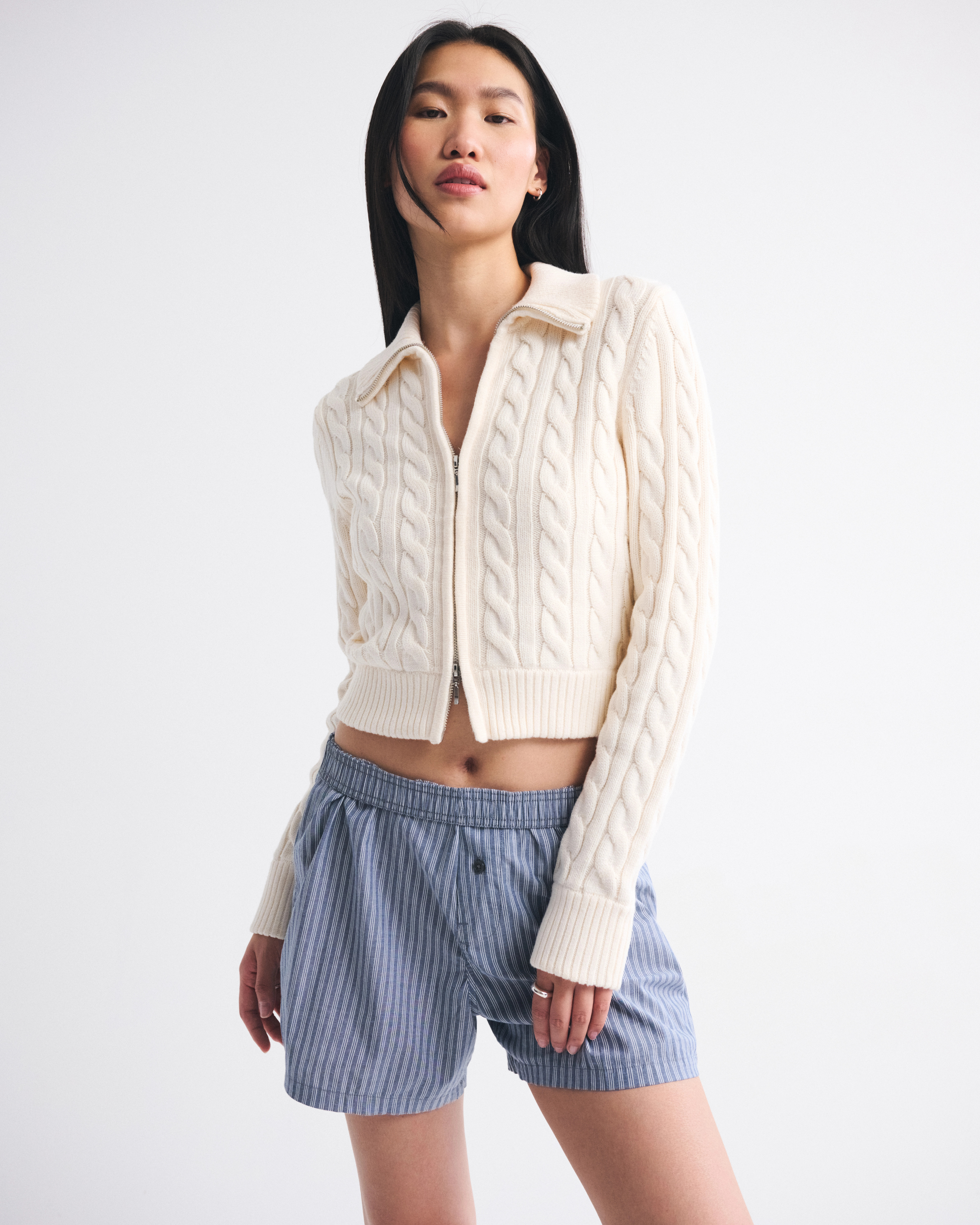 Double Zipper Cable-Knit Cardigan | Abercrombie & Fitch (US)