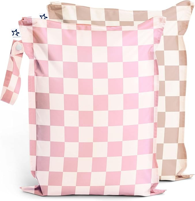 Tiny Twinkle Mess Proof Wet Bags | 2-Pack Reusable Waterproof Wet Bags for Swimsuits | Baby Clothes | Travel & Diaper Bag (Pink, Brown Checkers) | Amazon (US)