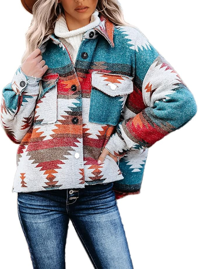 Dellytop Women's Aztec Shacket Long Sleeve Button Down Collared Shirt Jacket Tops with Pockets | Amazon (US)