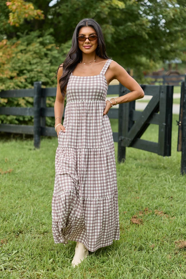 Time For Something Gingham Knit Maxi Dress Taupe | Pink Lily