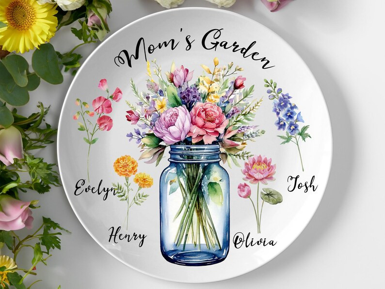 Personalized Gift For Mom, Mom’s Garden Plate, Birth Month Flower Gift, Custom Birthflower Plat... | Etsy (US)