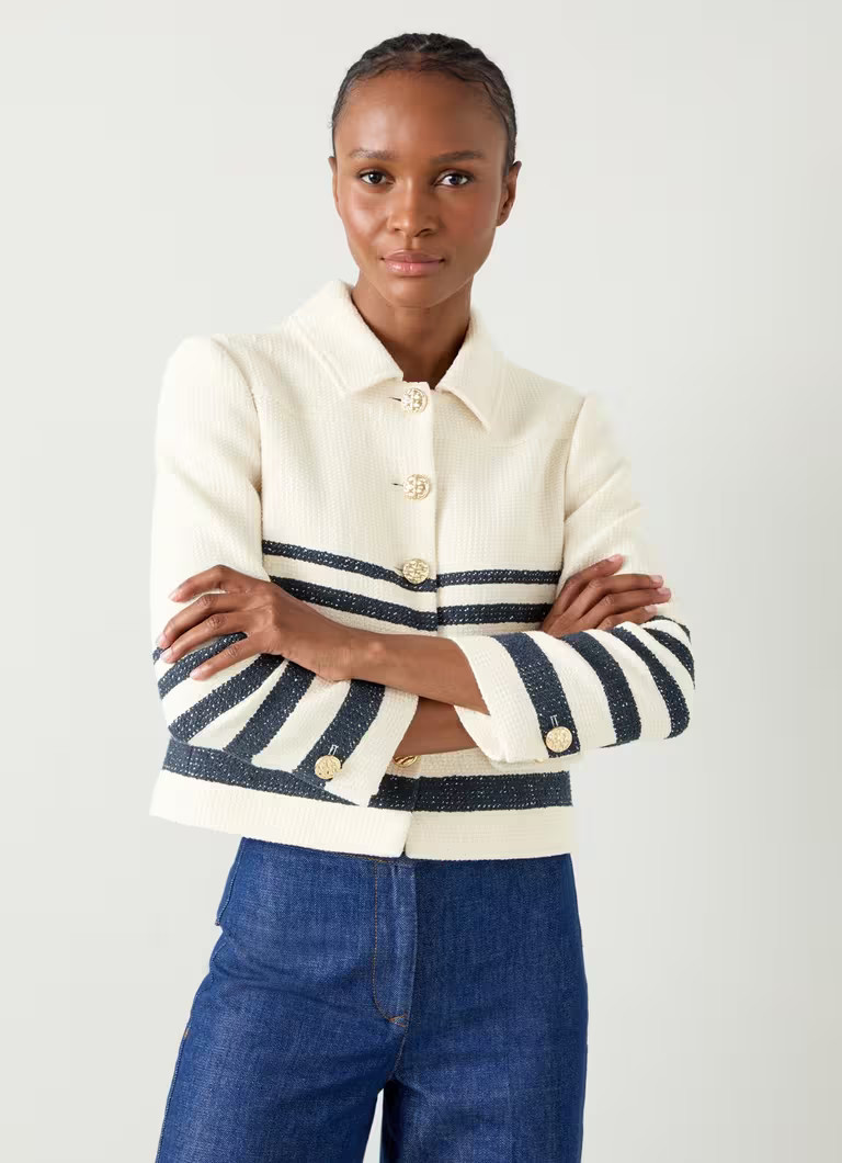 Bellmer Cream & Spring Navy Placement Stripe Tweed Jacket | L.K. Bennett (UK)
