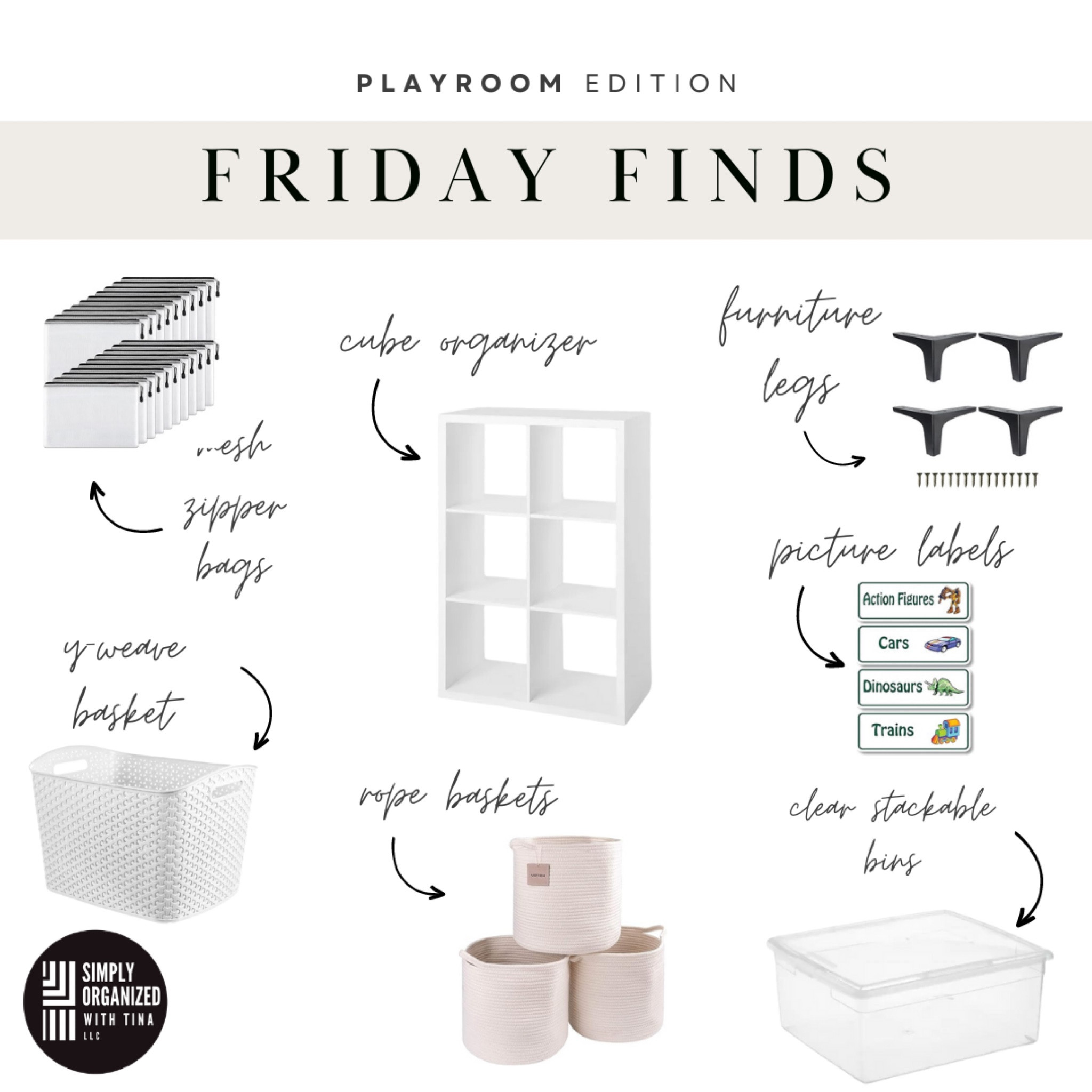 Playrooms can be a daunting space to organize but don't fret! Adding a little structure goes a long way. Keep categories broad so it's easier for little ones to find what they want AND to help clean up. Here are a few of our favorite playroom products: 

•Cube organizer- Helps create structure to keep everything contained and in one place

•Y-Weave baskets: Our go-to baskets for toys

•Rope baskets: These baskets elevate the look of the space 

•Clear stackable bins: These come in a variety of sizes, so get the size that is best for the space and the items they will hold

•Furniture legs: Add these legs to the cube organizer to elevate the piece

•Mesh zipper bags: great to contain small pieces or keep toy sets or games together

•Picture labels: encourage independence in your kids and encourage them to clean up

#LTKfamily #LTKkids #LTKhome