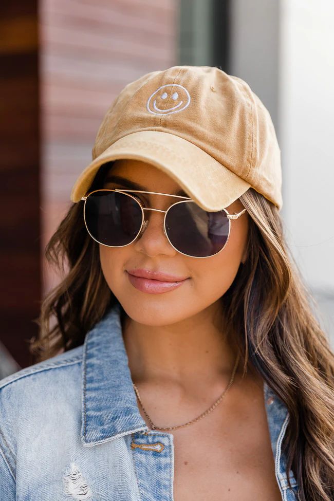 Smiley Face Embroidered Camel Baseball Cap | The Pink Lily Boutique