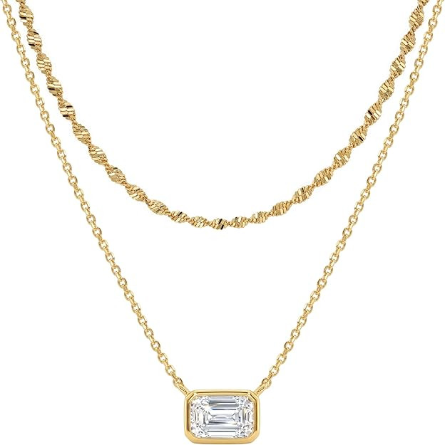 TONTMY STUDIOS Layered Gold Necklace for Women 14K Gold Plated Small Dainty CZ Pendant Layering G... | Amazon (US)