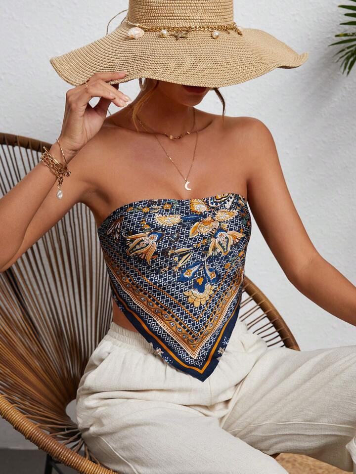 SHEIN WYWH Floral Print Backless Knot Detail Tube Top | SHEIN