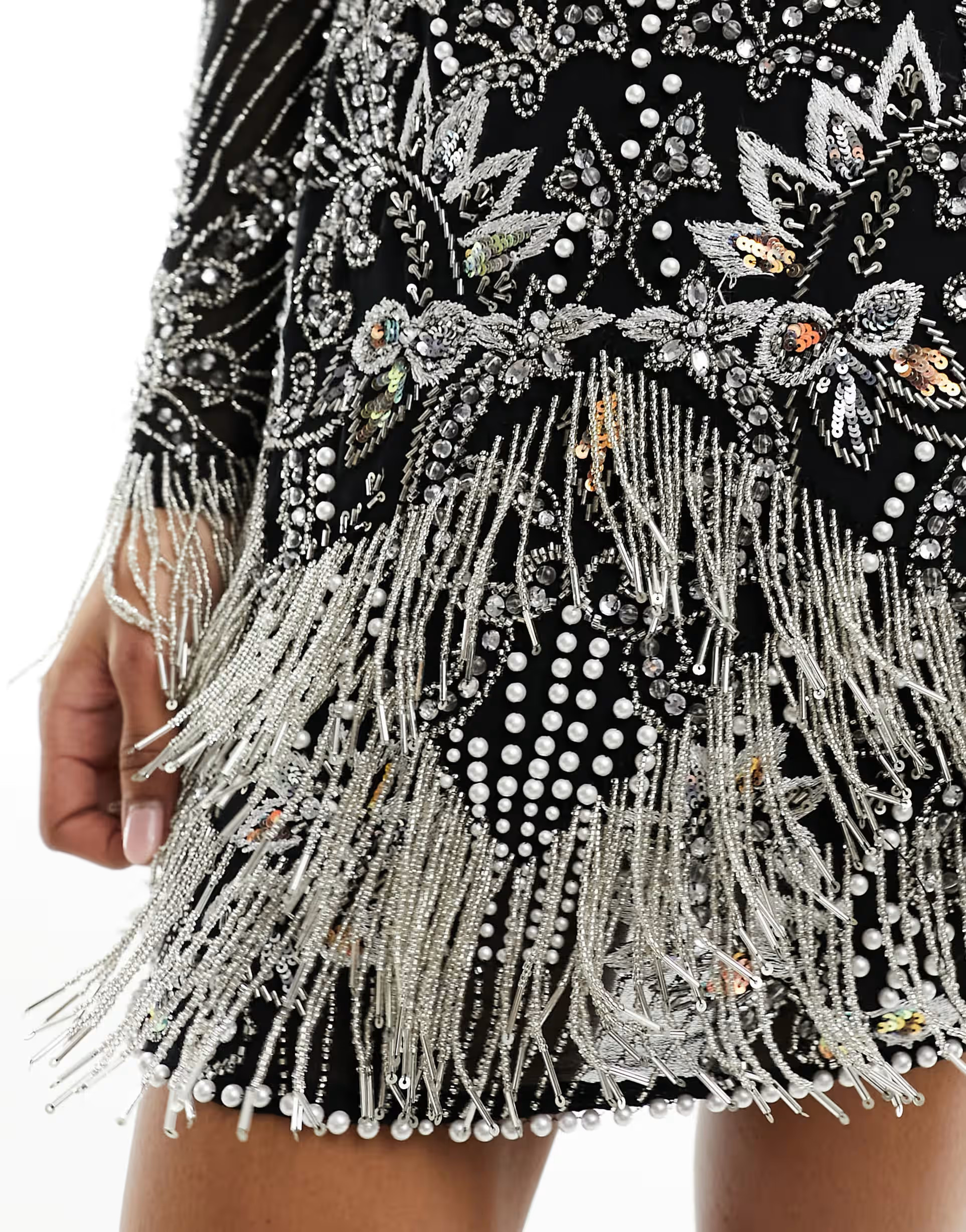 ASOS EDITION pearl and beaded fringe mini dress with high neck in black | ASOS (Global)