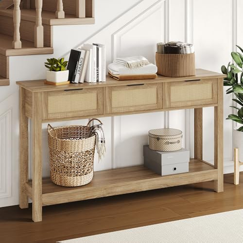 Luoxiao Rattan Console Table Boho Entryway Table - Narrow Long Sofa Table, Hallway Foyer Table, Behind Couch Table with 3 Drawers and Open Storage Shelf for Living Room and Corridor,Wood | Amazon (US)