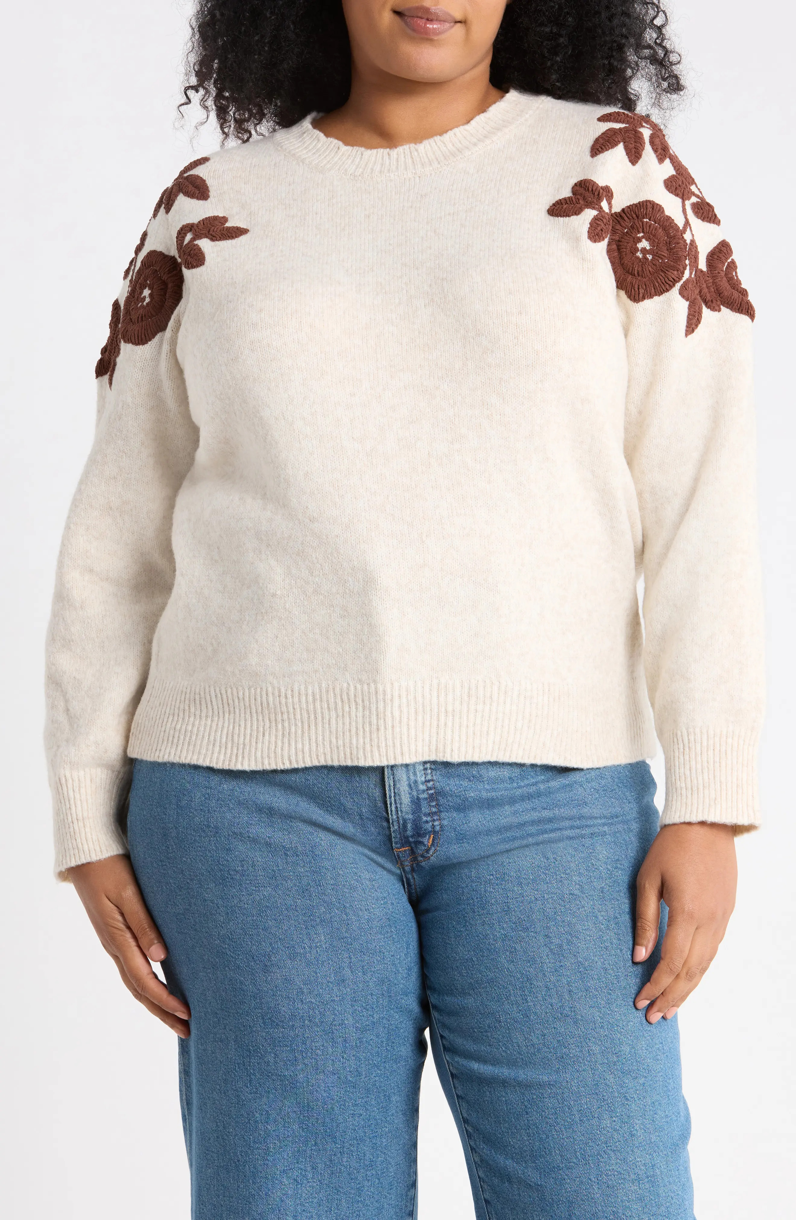 T Tahari Embroidered Sleeve Sweater in Oatmeal/Brown at Nordstrom Rack, Size 2X | Nordstrom Rack