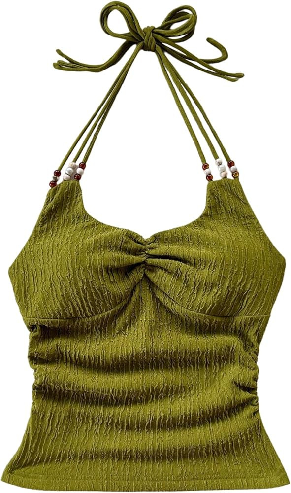 GORGLITTER Women's Ruched Halter Top Y2k Bead Open Back Sleeveless Summer Vacation Going Out Cami... | Amazon (US)