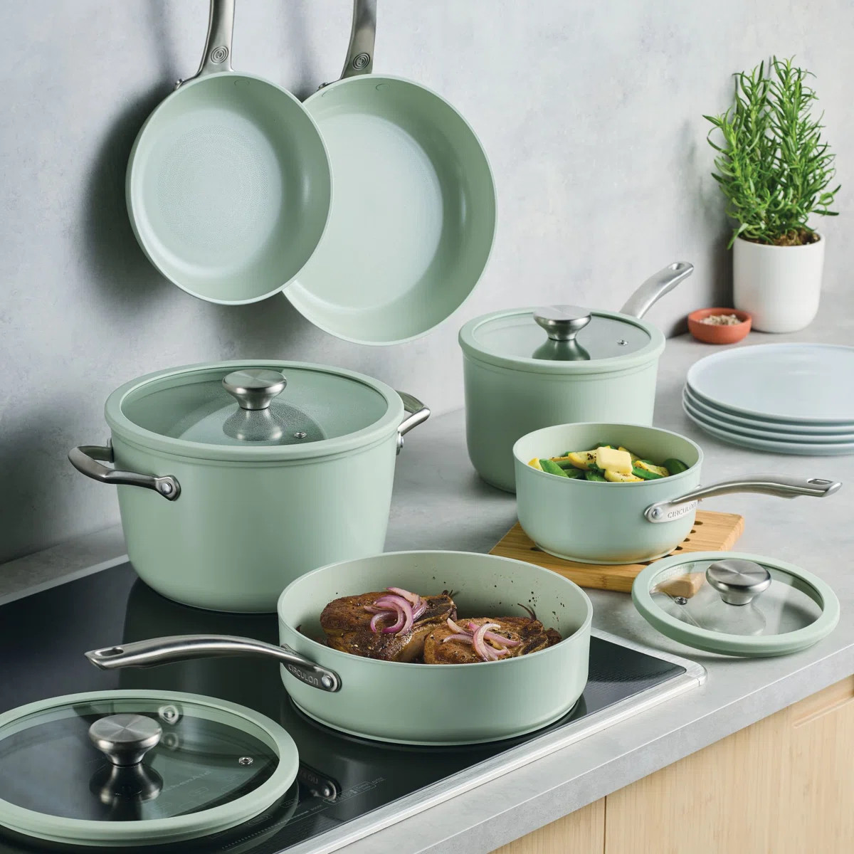 Circulon Halo With Laserdefense Ceramic Nonstick Cookware Set, 10-Piece, Sage | Wayfair North America