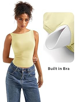 SUUKSESS Women Padded Open Back Boat Neck Tank Tops Double Lined Basic Shirts | Amazon (US)