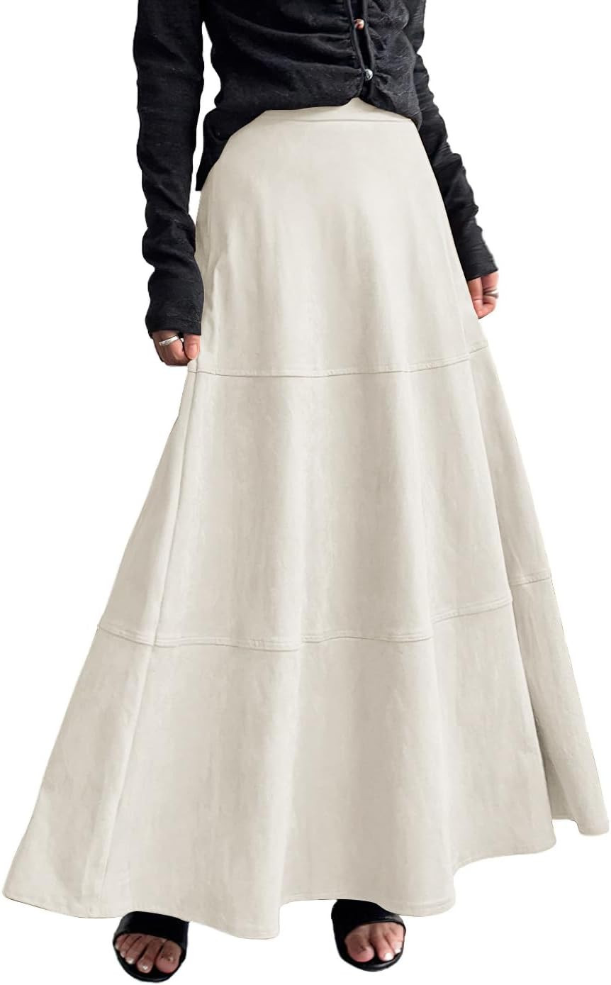 chouyatou Women's Elegant Ruffle Faux Suede Leather Skirt High Waisted A Line Fall Winter Maxi Long Skirt | Amazon (US)