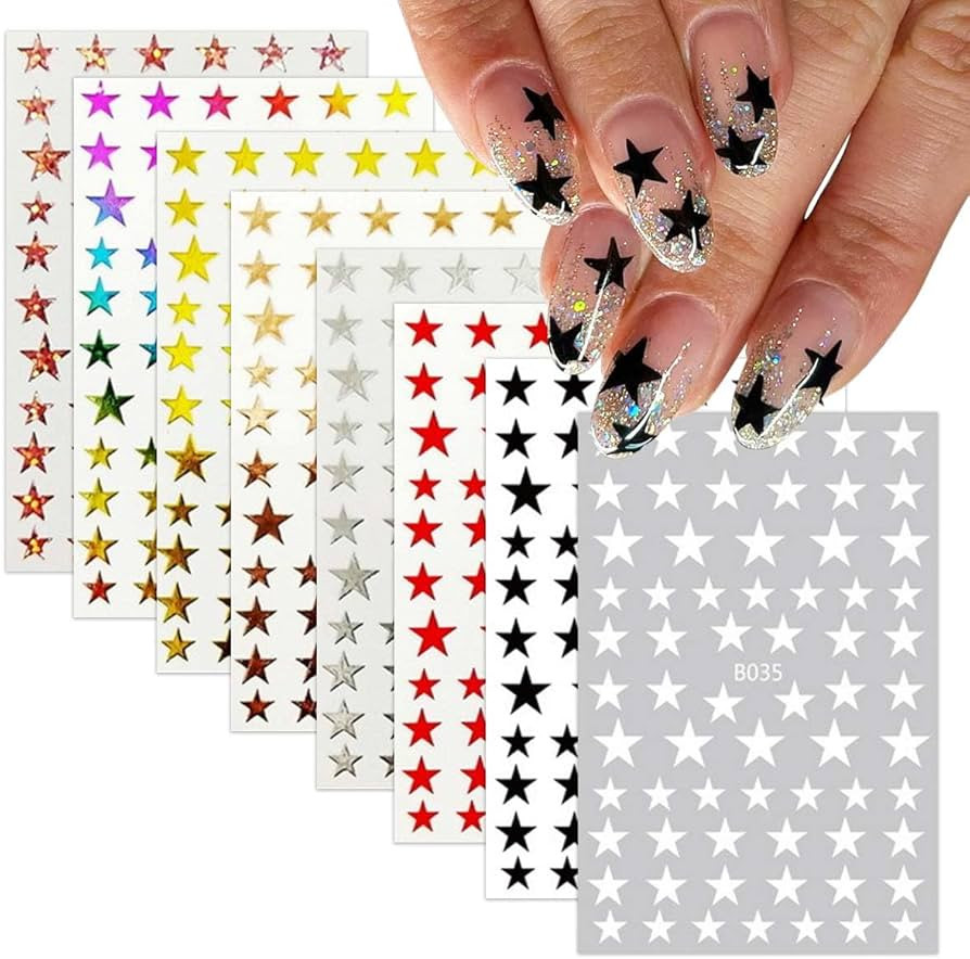 8 Sheets Star Nail Stickers for Nail Art 8 Color Star Nail Decals-Gold Silver Rainbow Black White... | Amazon (US)