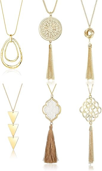 Finrezio 6PCS Long Pendant Necklace Set Circle Knot Tassel Y Strands Necklace Statement Necklace ... | Amazon (CA)