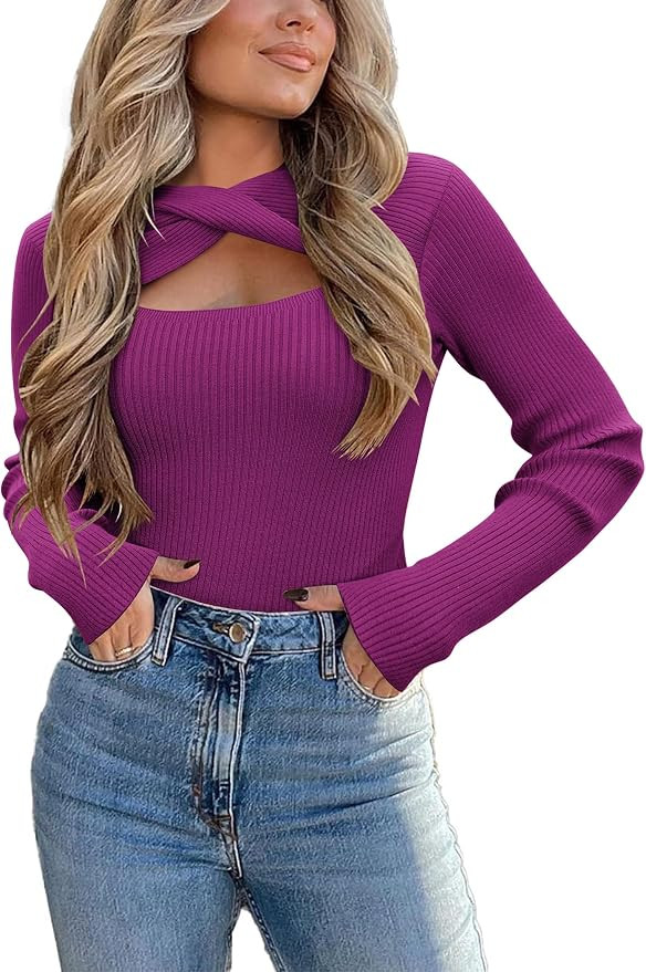 Zeagoo Sweaters for Women 2024 Knit Trendy Long Sleeve Lightweight Slim Fit Pullover Cutout Tops ... | Amazon (US)