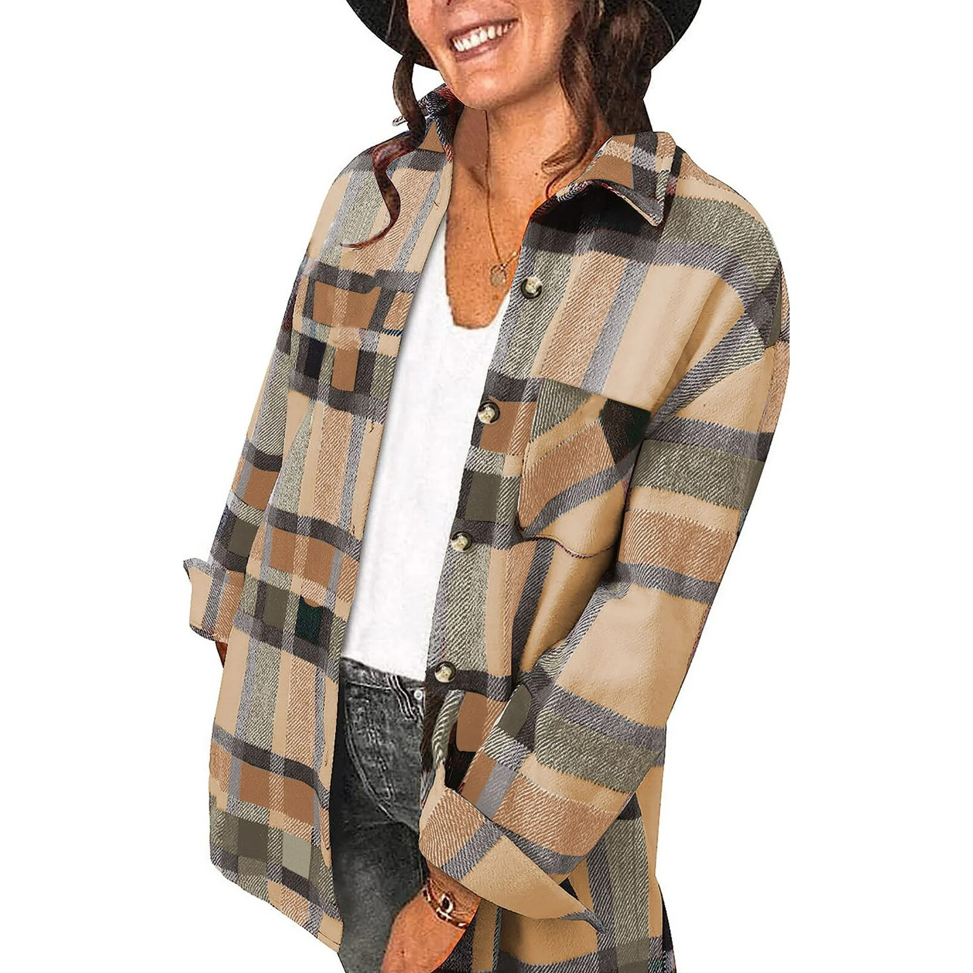 Fantaslook Womens Plaid Shirts Flannel Shacket Jacket Long Sleeve Button Down Boyfriend Shirt Coa... | Walmart (US)