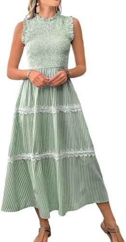 ShawGobow Casual Striped Midi Dress,Sleeveless Smocked Flowy Tiered Dress,Womens Sundress Easter ... | Amazon (US)