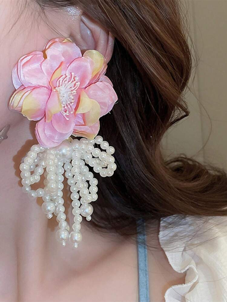 Big Flower Faux Pearl Tassel Earrings Valentines,Mom,Mother,Mother's Day,Gift | SHEIN