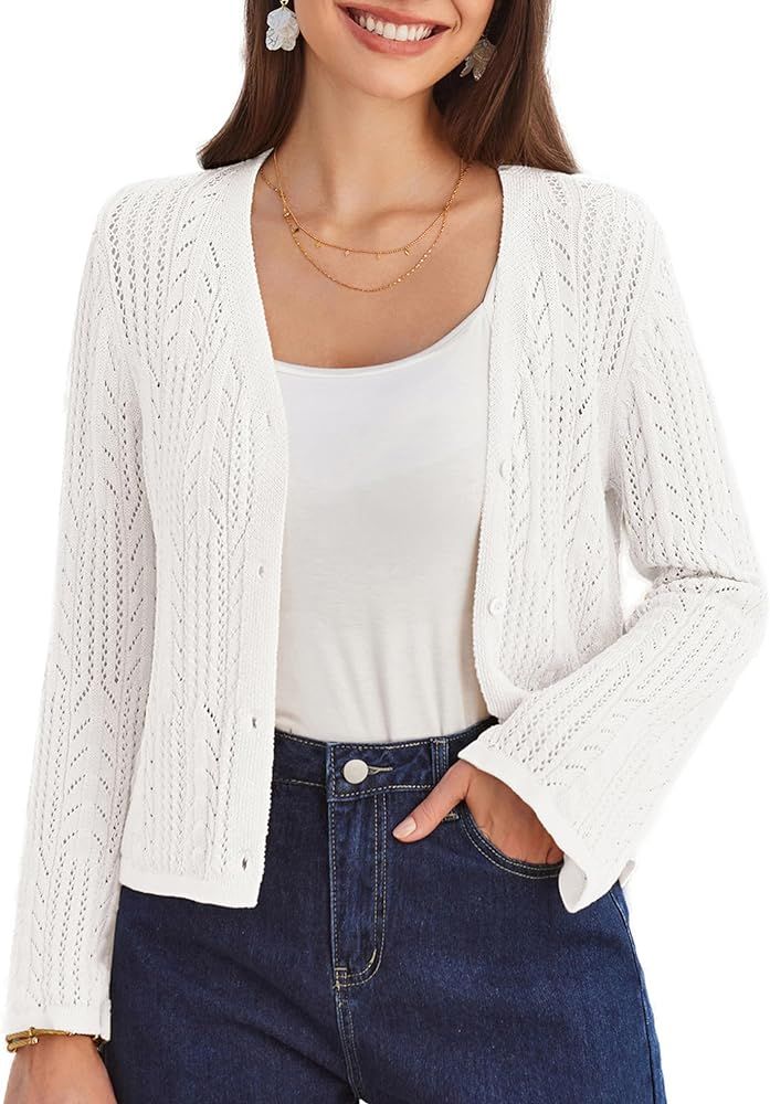 GRACE KARIN Womens Cropped Cardigan Lightweight Crochet Open Front Shrug Sweater Hollow Out V Nec... | Amazon (US)