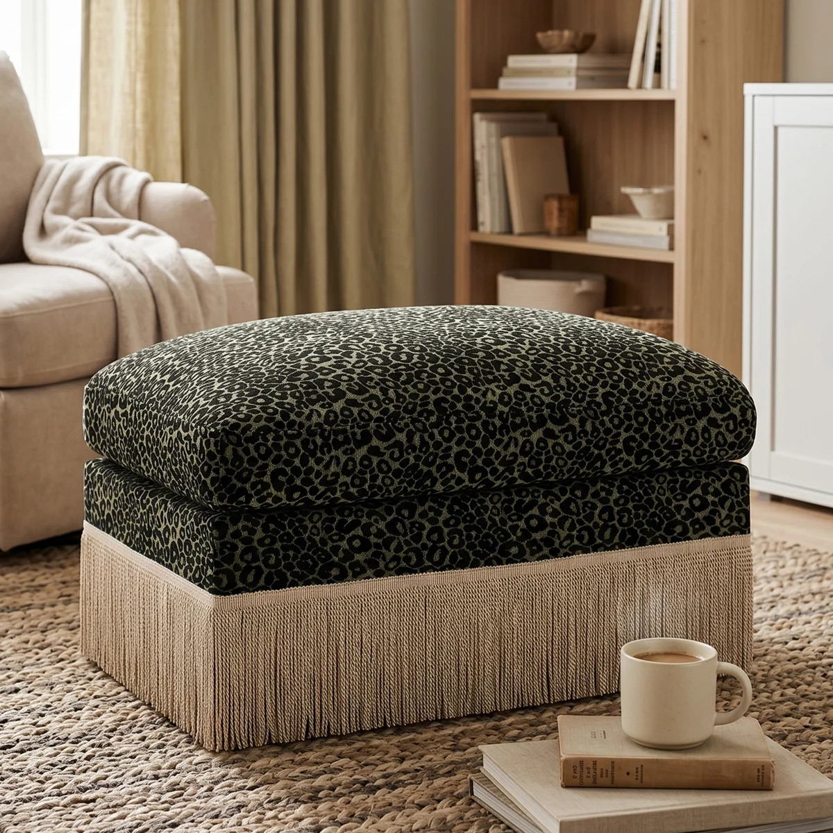 Leopard Print Chenille Upholstered Ottoman, Tassel Trim Accent Ottoman No Assembly For Living Roo... | Wayfair North America