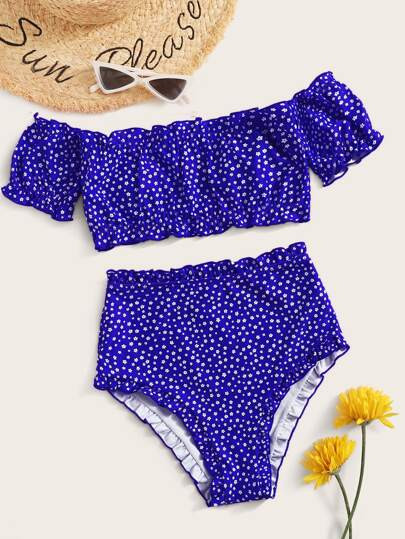 Ditsy Floral Frill Bardot Bikini Swimsuit | SHEIN