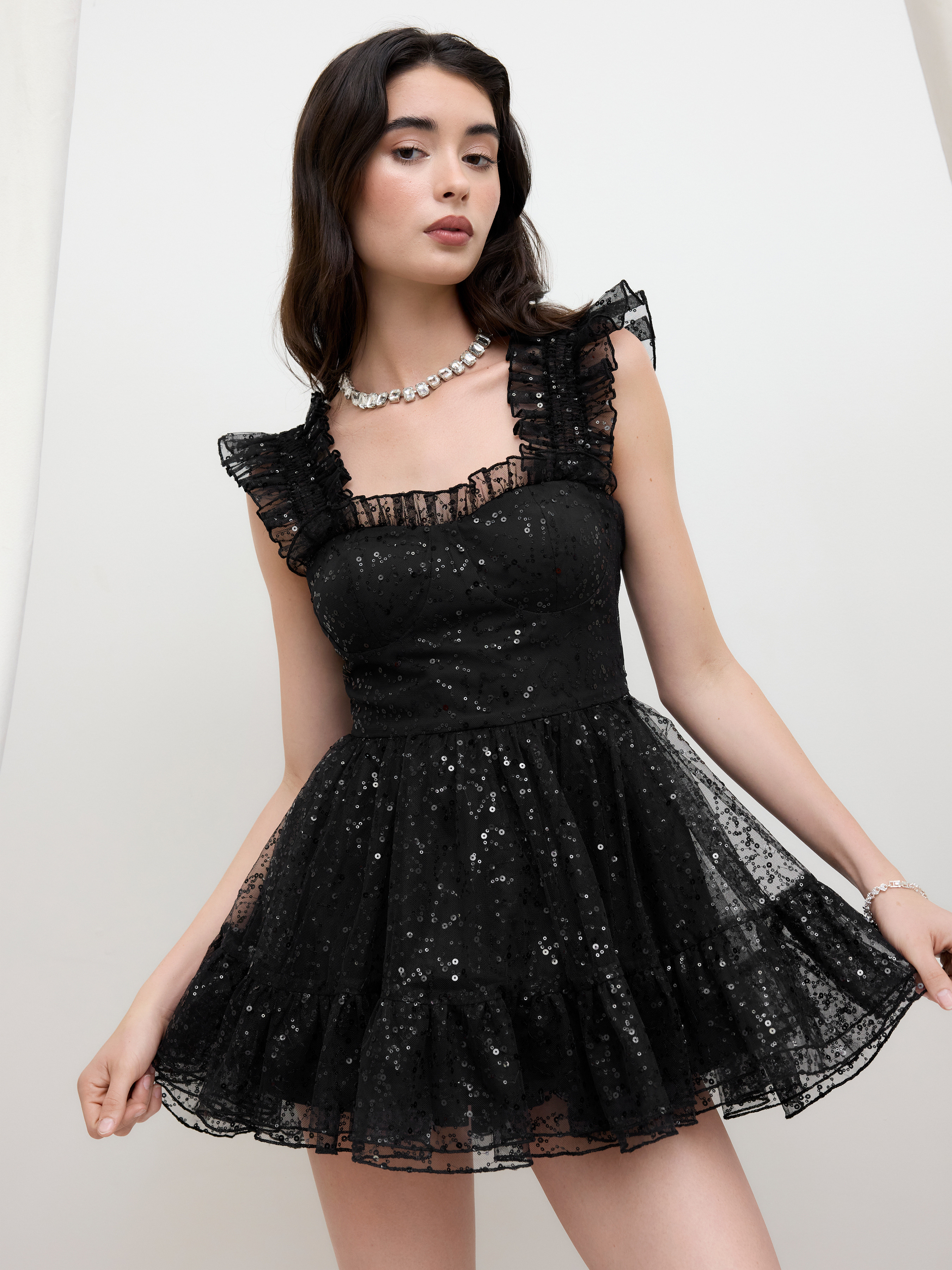 Sequins Square Neck Ruffle Lettuce Trim Tulle Mini Dress | Cider