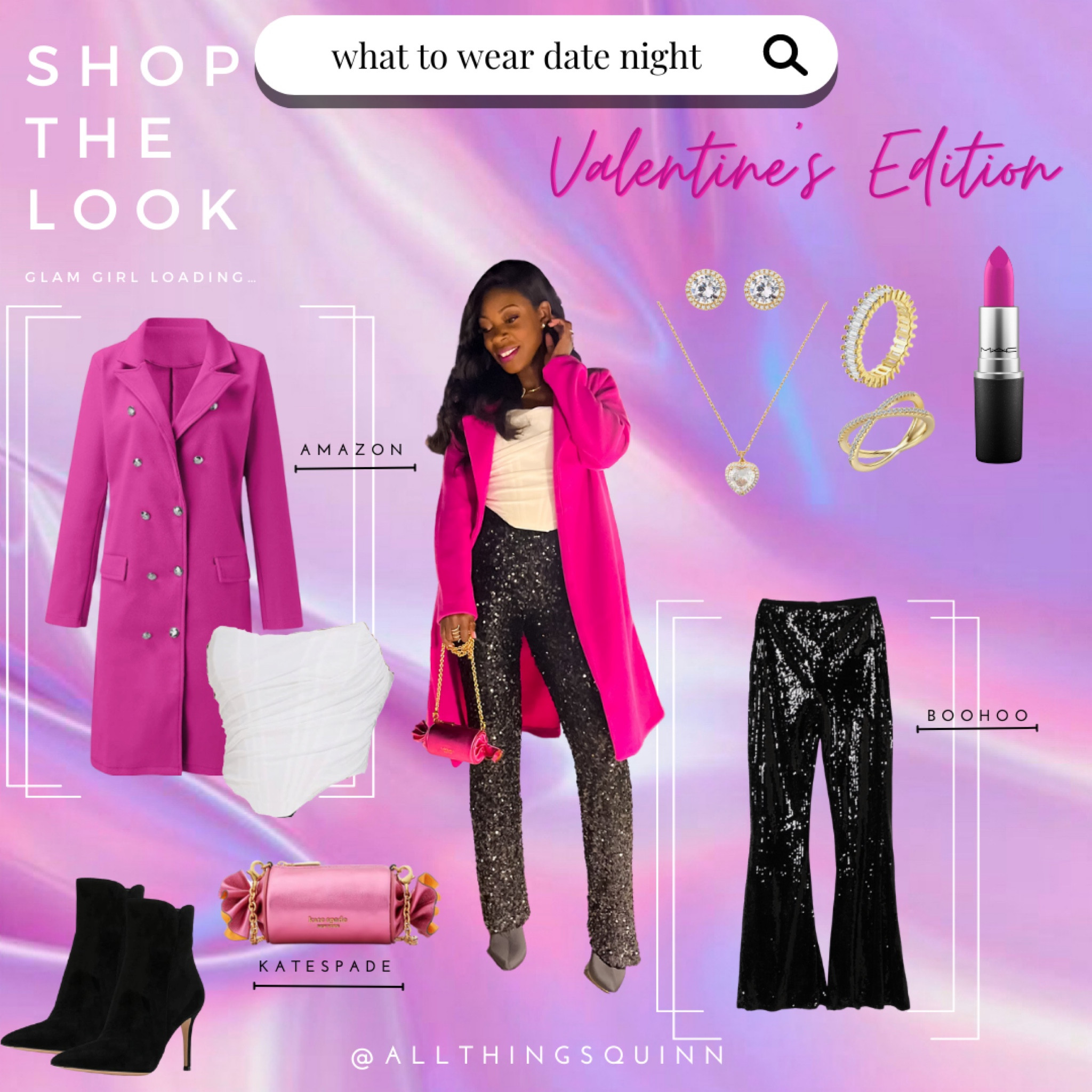 Valentine’s Day Outfit Inspo! Perfect for Valentine’s date night or even a night out with your girls. Wearing size small in all items. 
#valentinesday #Sequinpants #pinkcoat #galentines #datenight #whattowear #amazon #katespade #boohoo

#LTKFind #LTKstyletip #LTKSeasonal