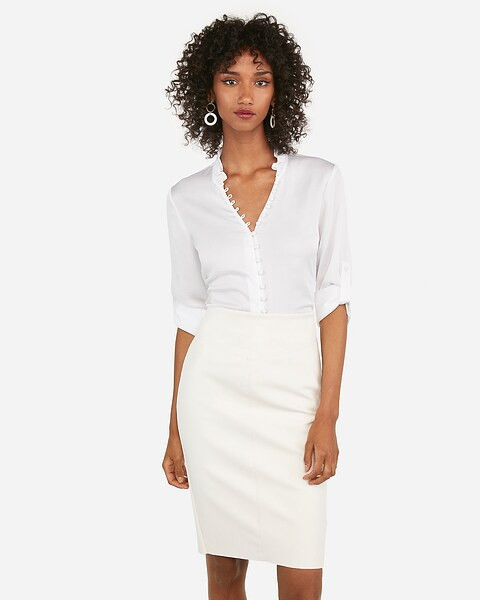 original fit satin ruffle collar portofino shirt | Express