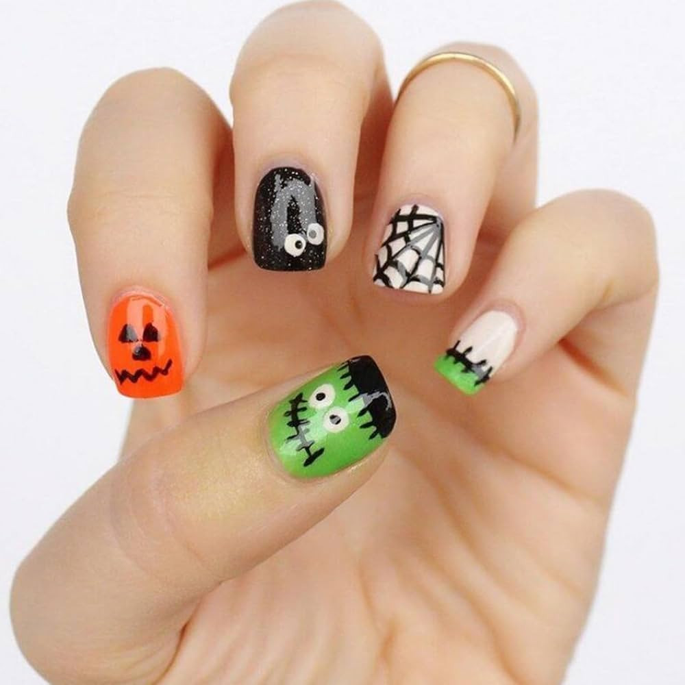 Halloween Press on Nails Short Square Fake Nails with Ghost Designs Spider Web Acrylic Nails Cute... | Amazon (US)