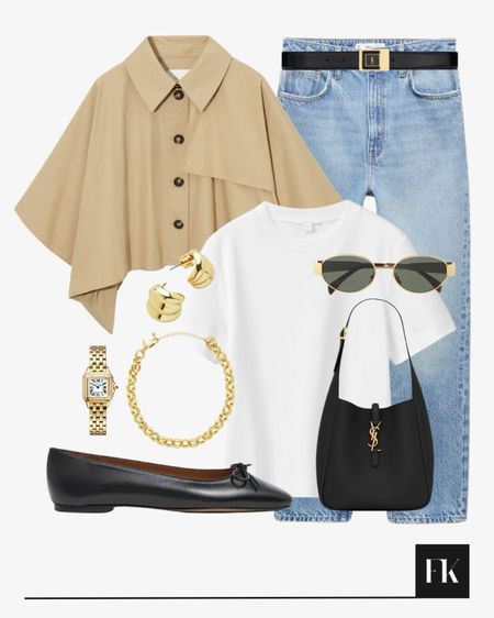 Beige cropped trench coat, blue jeans and white tee, black accessories, ballet pumps, gold jewellery and YSL Saint Laurent bag

#LTKitbag #LTKSeasonal #LTKstyletip
