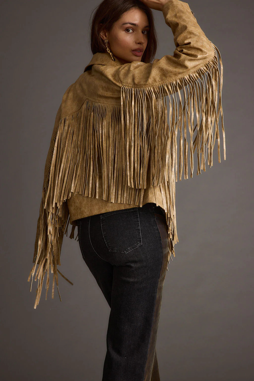 Phoenix Taupe Vegan Leather Moto Fringe Jacket | 12th Tribe