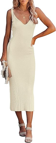 MEROKEETY Womens 2023 Summer V Neck Knit Midi Dress Bodycon Sleeveless Ribbed Sweater Dresses | Amazon (US)
