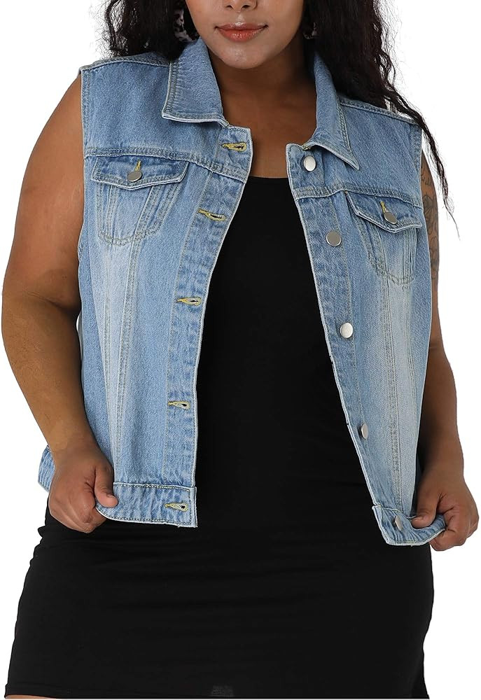 uxcell Women's Plus Size Buttons Denim Vest with Two Chest Flap Pockets Jackets | Amazon (US)