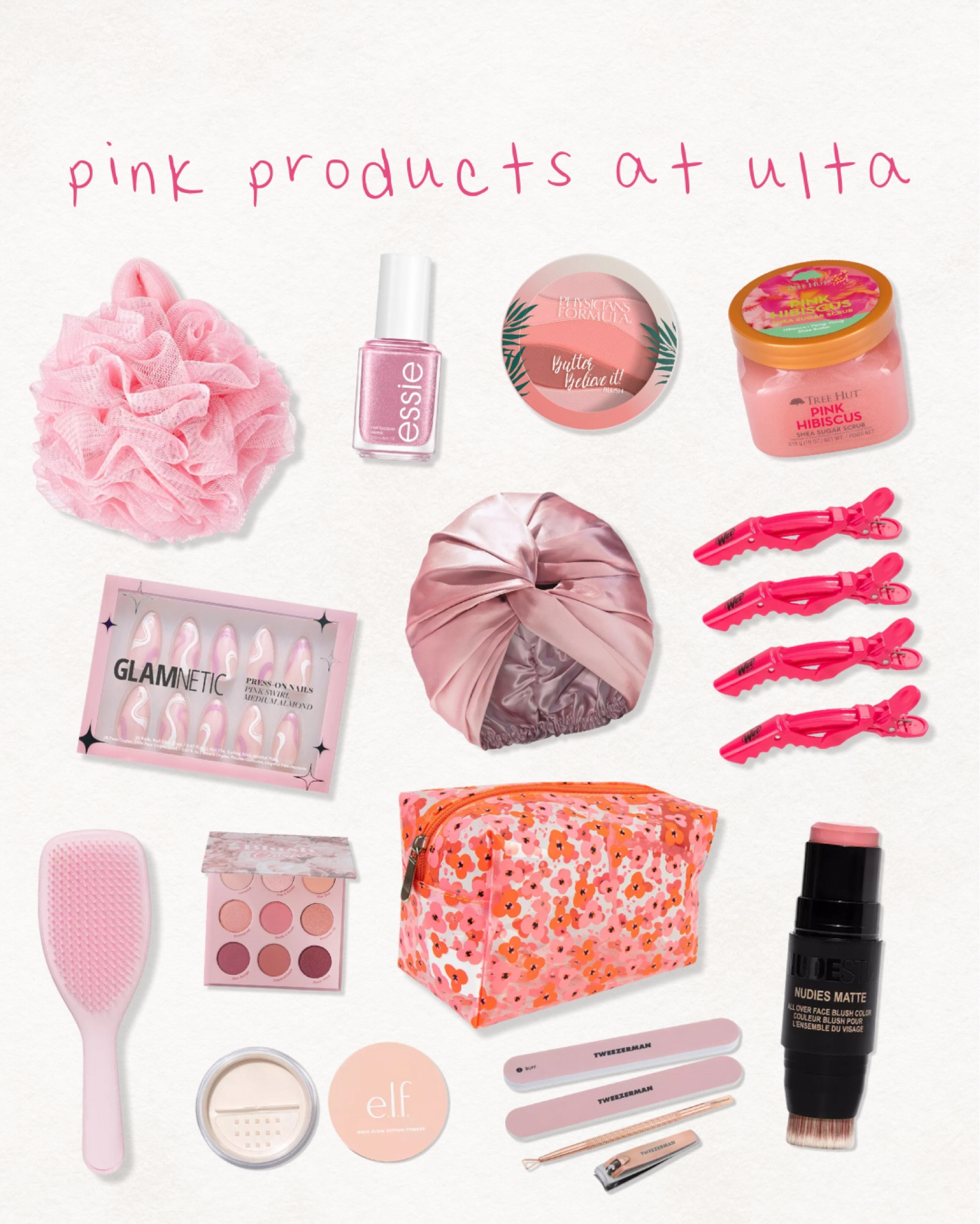 pink, ulta, ulta finds, loofa, nail polish, blush, bronzer, makeup, shower scrub, body scrub, hair clips, hair accessories, hair bonnet, hair shower cap, brush, wet brush, tangle teezer, nail, clipper, liquid blush, makeup bag, eyeshadow, nail file, setting powder, elf, nude stix, glamnetic 

#LTKbeauty #LTKsalealert #LTKfindsunder100