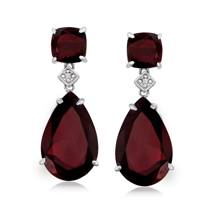 25.00 ct. t.w. Garnet Drop Earrings with Diamond Accents in Sterling Silver | Ross-Simons