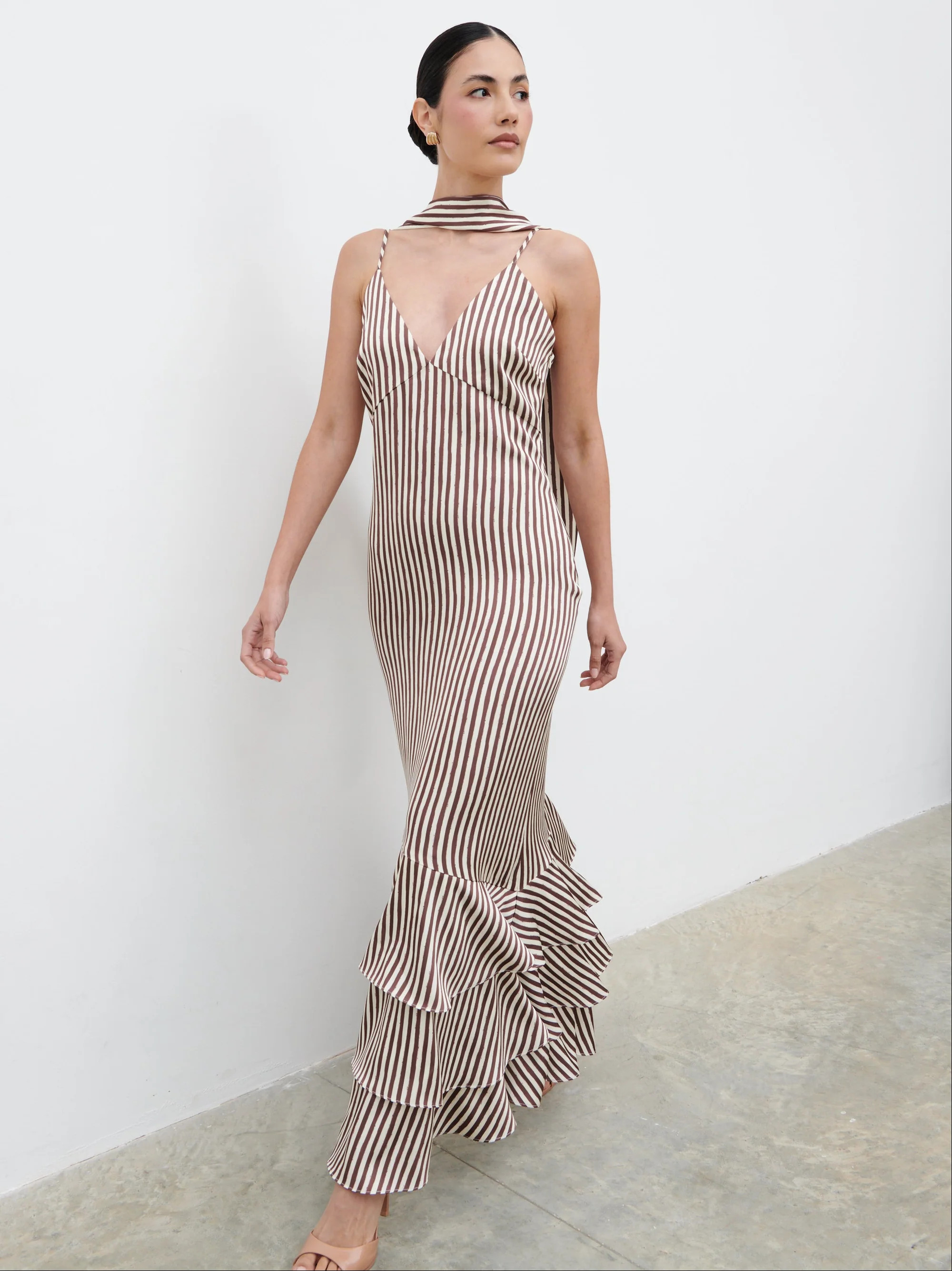 Serita V Neck Tiered Maxi Dress - Brown and Cream Stripe | Pretty Lavish (UK)