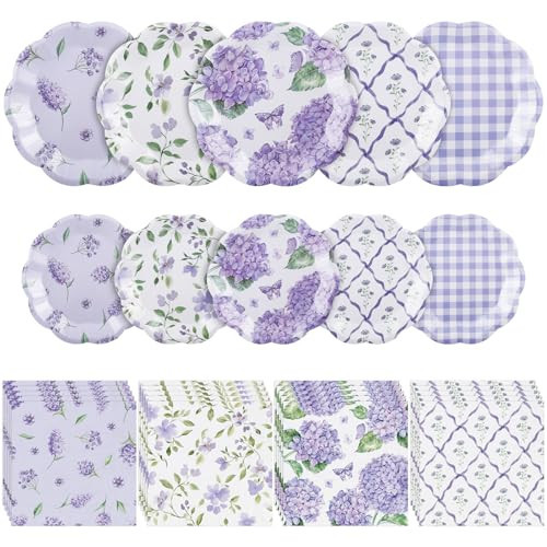 NatNarr 150 Pcs Floral Plates and Napkins, Light Purple and White Floral Tea Party Supplies Include Hydrangea Flower Gingham Plates Napkins for Spring Garden Party, Bridal Baby Shower | Amazon (US)