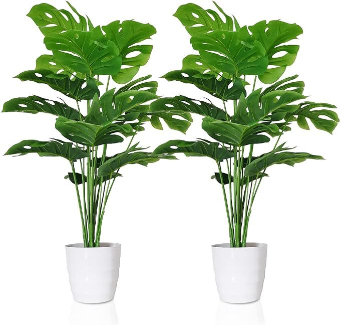 SAJANDAS Set of 2 Artificial Monstera Deliciosa Plants in Pots, Fake Tropical Palm Tree with Gree... | Amazon (US)