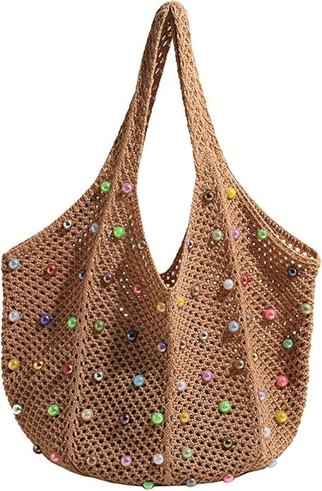 Boho Crochet Beach Tote Shoulder Bag with Colored Beads | Colorful Aesthetic Hippie Knit Bag for ... | Amazon (US)